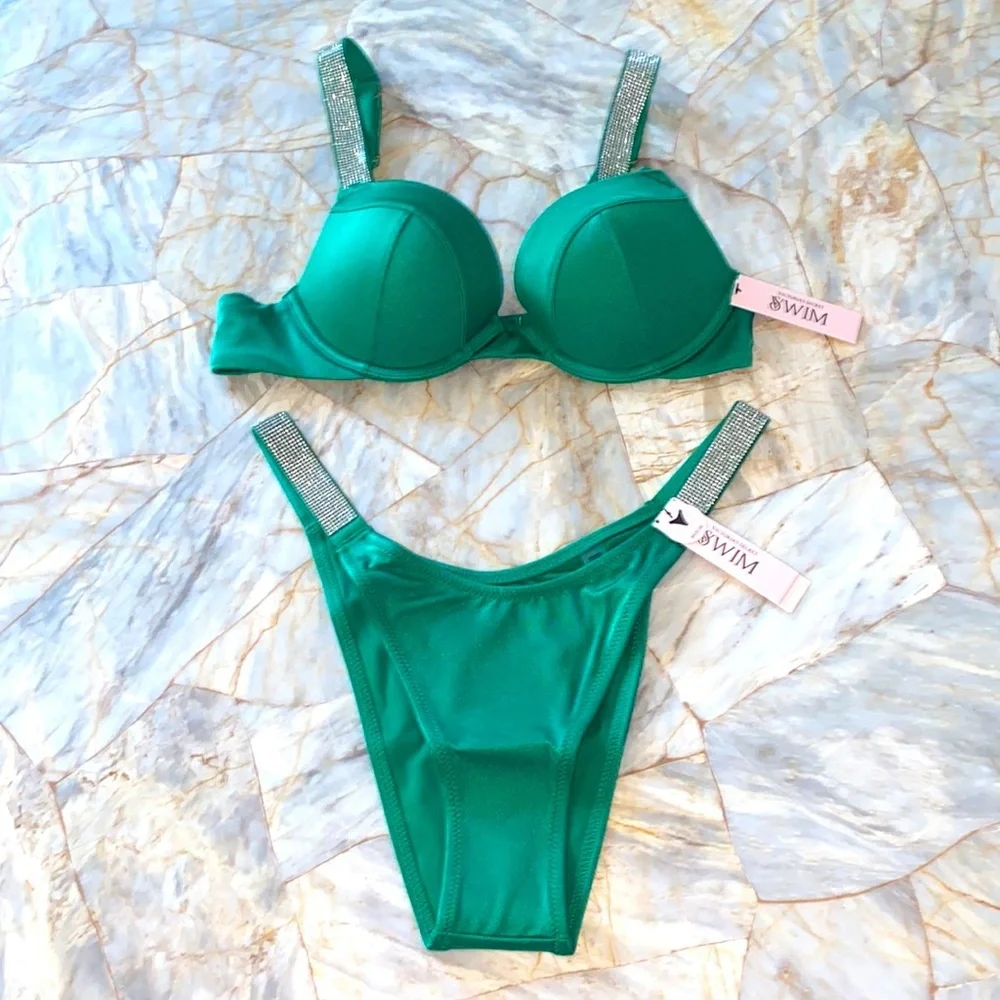 2 Pc Set 38C+ Large Victoria's Secret Swim Shine Strap Sexy Tee Bikini + Bottoms